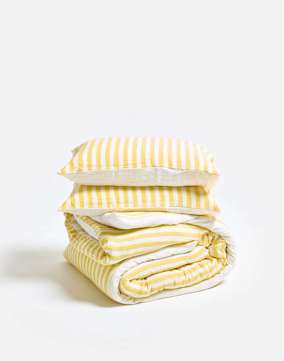 Yellow Muslin Striped Duvet Cover Set King