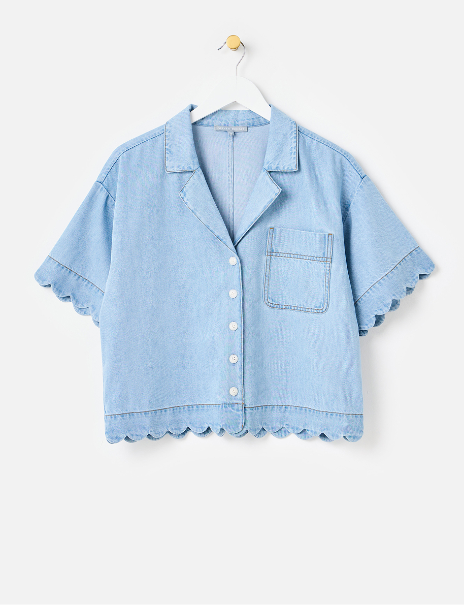 Light Blue Denim Scalloped Short Sleeve Shirt