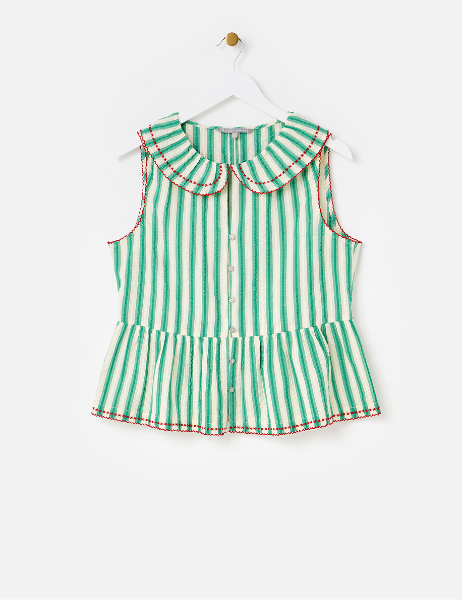 Green & Cream Striped Seersucker Collar Sleeveless Blouse