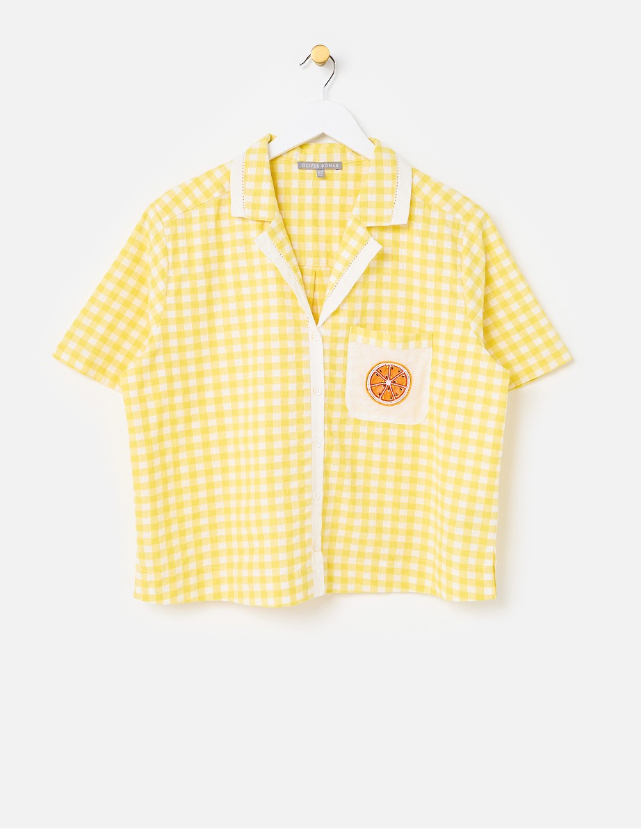 Yellow Gingham Orange Embroidered Short Sleeve Shirt