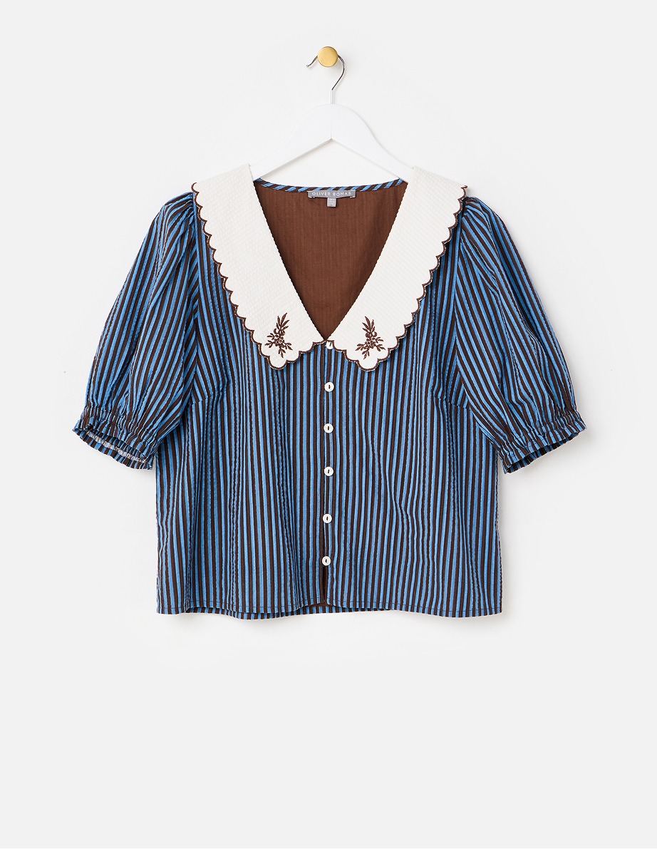 Blue & Brown Striped Scalloped Collar Blouse