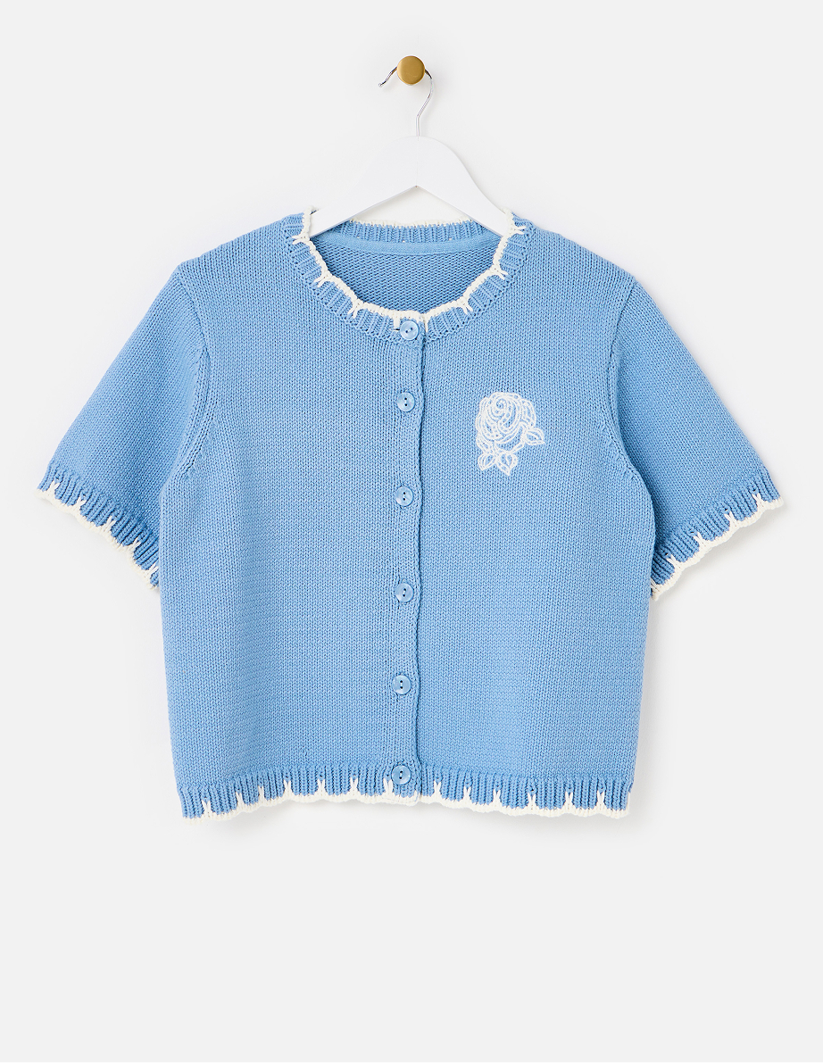 Blue Flower Embroidered Short Sleeve Cardigan