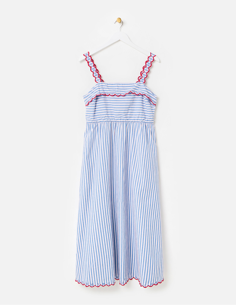 White & Blue Striped Scalloped Strappy Cotton Midi Dress