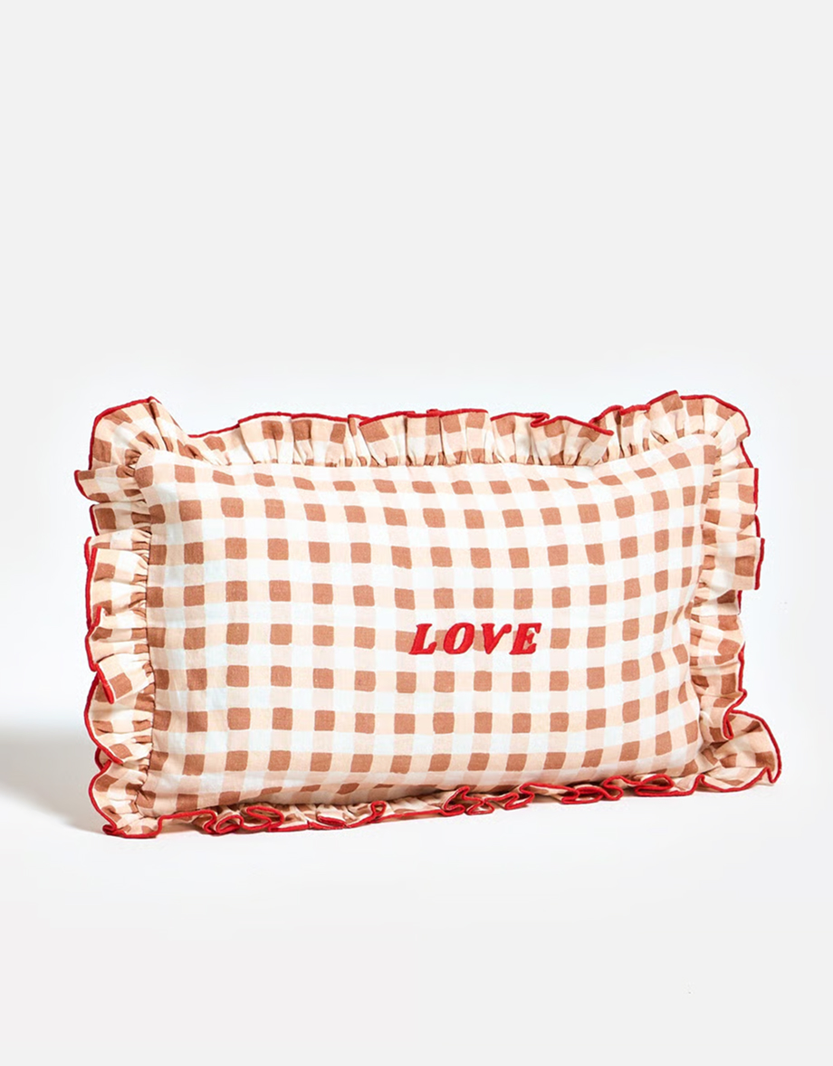 Brown & Red Frill Love Gingham Cushion Cover 30x50cm