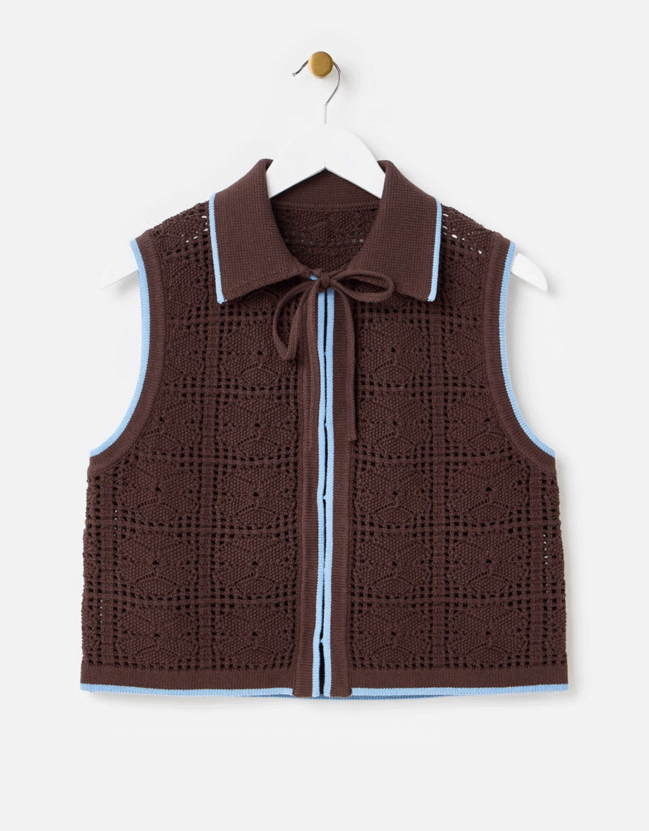 Chocolate Brown Tie Front Crochet Waistcoat