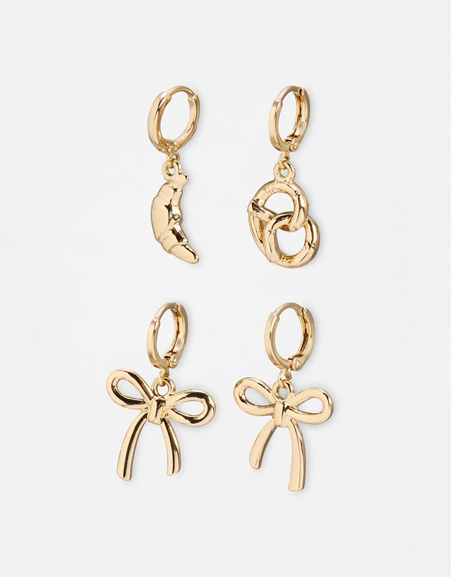Sugar Bow, Croissant & Pretzel Charm Huggie Earrings Set of Four