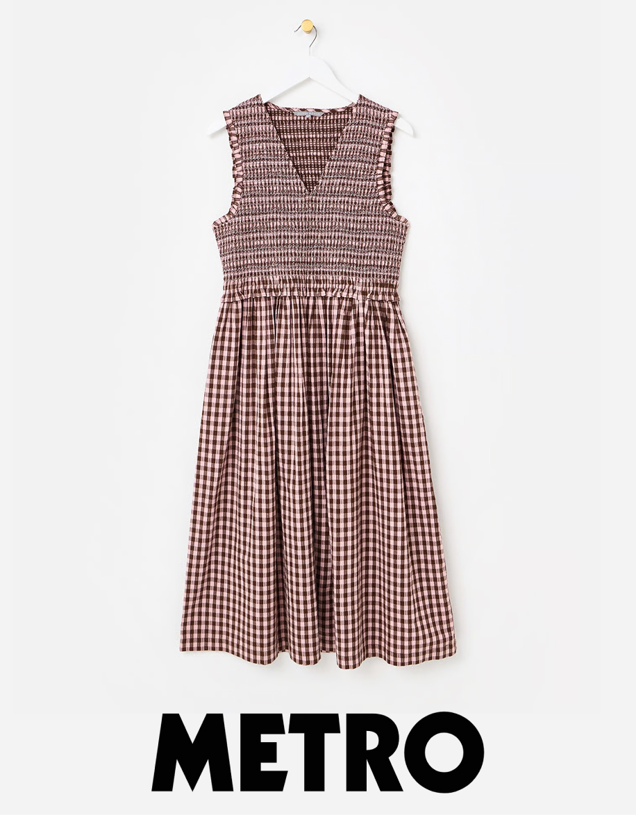 Pink & Brown Gingham Shirred Bodice V-Neck Cotton Midi Dress
