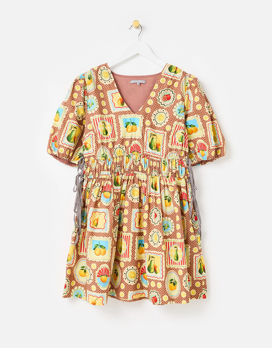 Brown Postcard Print V-Neck Puff Sleeve Cotton Mini Dress