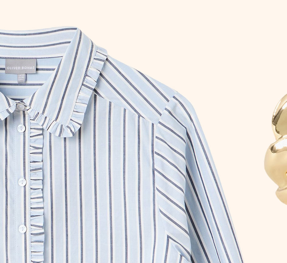 Blue Striped Frill Collar Cotton Shirt