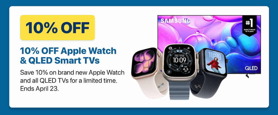 Spring tech sale featuring Apple Watch, iPad Air, AirPods Max, and 10% off QLED TVs. Limited-time offer ending April 23, 2026.