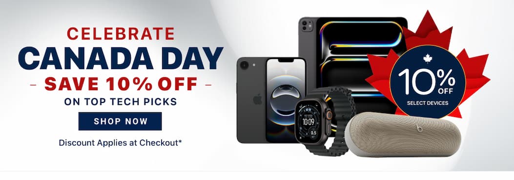 Canada Day promo banner featuring 10% off select Samsung and Apple devices from July 1–5.
