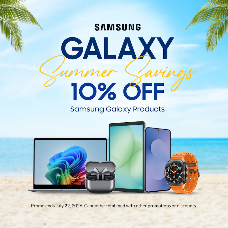 Samsung Galaxy Summer Savings sale featuring 10% off Galaxy smartphones, Galaxy Buds, Galaxy Watches, and Galaxy Book laptops available for a limited time.
