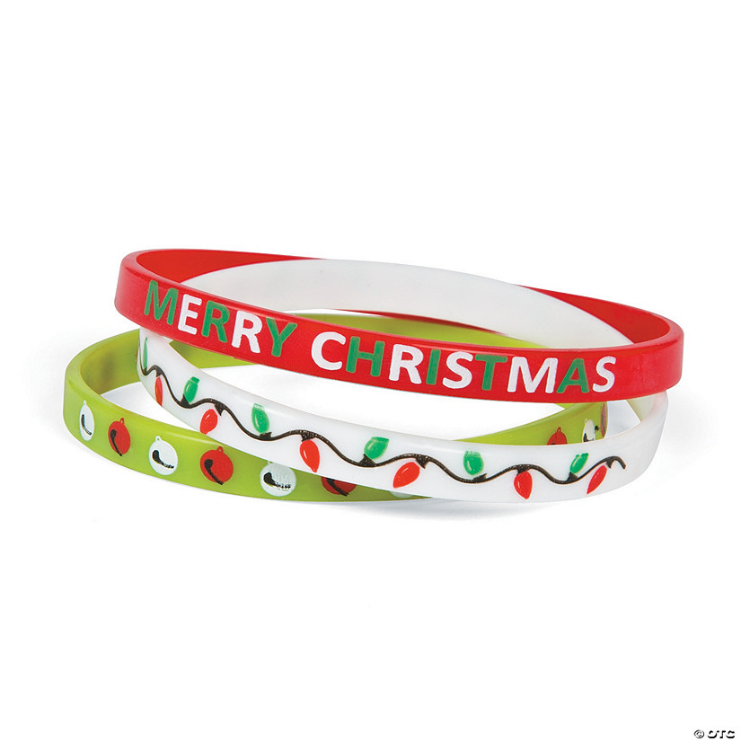 7 1/4" Christmas Red, White & Green Thin Band Rubber Bracelets - 24 Pc.