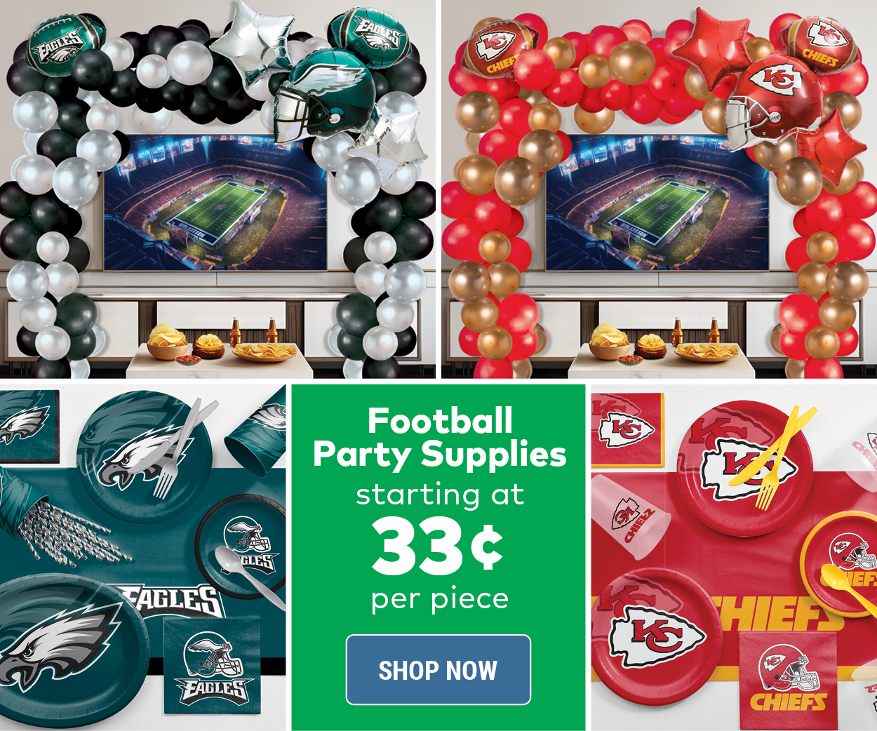 Football Party Supplies Starting at 33 Cents Per Piece.