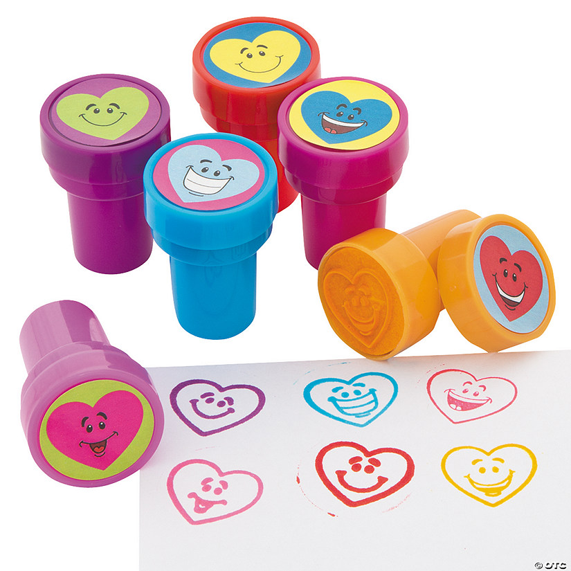 1 1/2" Valentine's Day Heart Smile Face Self-Inking Stampers - 24 Pc.