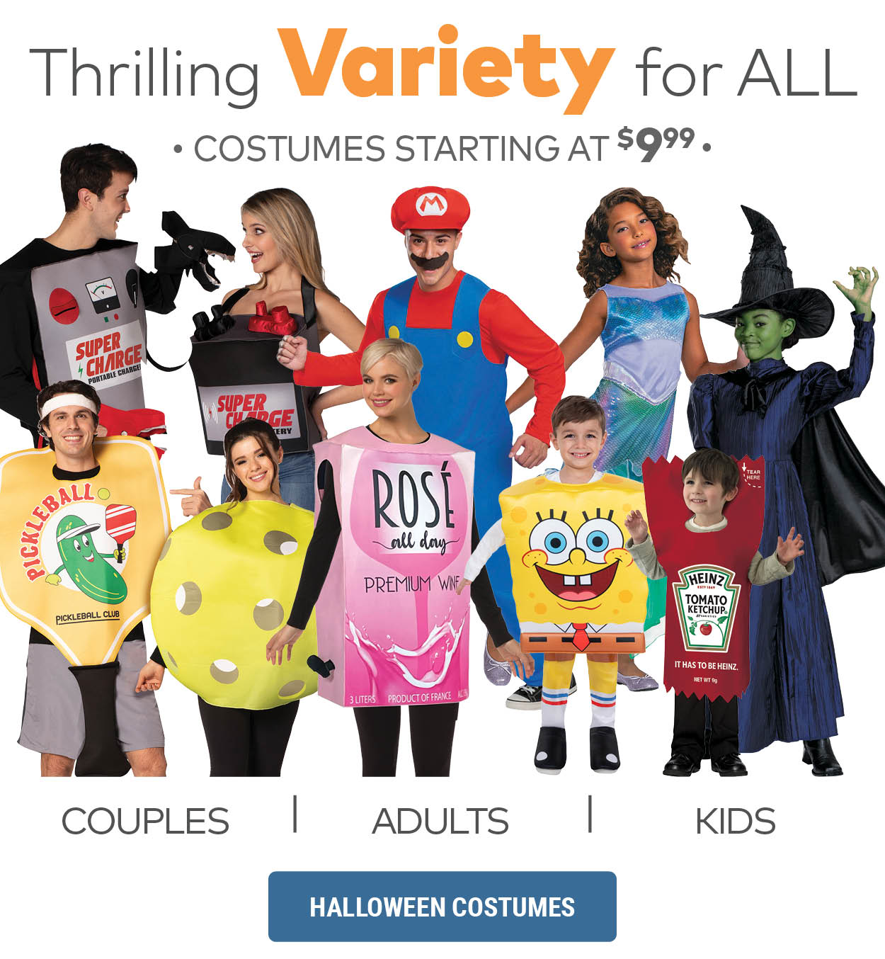Thrilling Variety for ALL. Costumes Starting at $9.99. Couples, Adults, Kids.