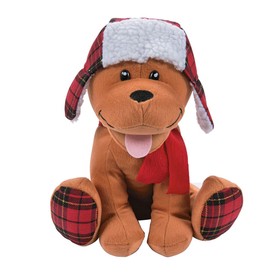 11" Christmas Brown Stuffed Dog with Red Plaid Winter Hat & Scarf