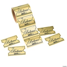 3 1/2" Jumbo Gold Foil Believe Train Ticket  Sticker Roll - 100 Pc.