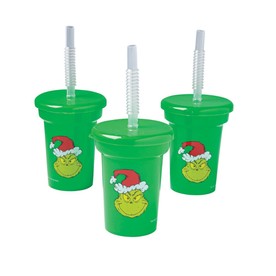 3 1/2" 6 oz. Mini Dr. Seuss™ The Grinch Reusable Plastic Cups with Lids & Straws - 12 Ct.