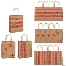 7 1/4" x 9" Medium Red & White Nordic Print Kraft Paper Gift Bags - 12 Pc.