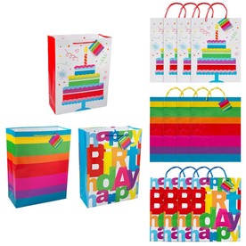 10" x 13" Large Happy Birthday Party Paper Gift Bags with Tags - 12Pc.