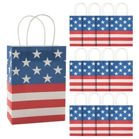 6 1/2" x 9" Medium Traditional American Flag Kraft Paper Gift Bags - 12 Pc.