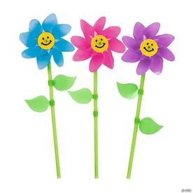 10 1/2" Bright Color Smile Face Spring Flower Plastic Pinwheels - 36 Pc.