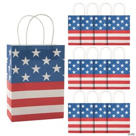 6 1/2" x 9" Medium Traditional American Flag Kraft Paper Gift Bags - 12 Pc.