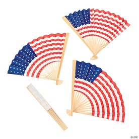 10" Classic American Flag Folding Paper Hand Fans with Wood Handles - 12 Pc.