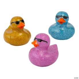 2" Sunglasses Pink, Blue & Yellow Glitter Rubber Ducks - 12 Pc.