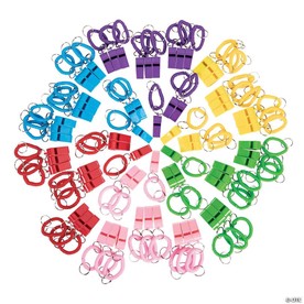 4" Bulk 72 Pc. Classic Solid Color Plastic Whistle  Keychains with Coil Wristbands