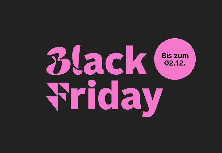 Pinkfarbener Text "Black Friday" auf schwarzem Hintergrund mit Kreis "Alle Angebote".