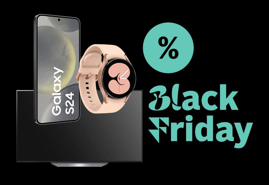 Black Friday Schriftzug, Fernseher, Uhr und ein Galaxy Handy