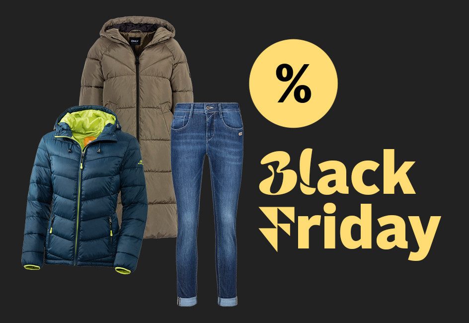 Zwei Jacken und eine Jeans mit gelbem Black Friday Schriftzug