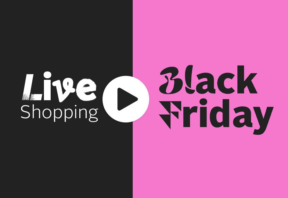 Black Friday Schriftzug und Live Shopping Logo auf schwarzem Hintergrund