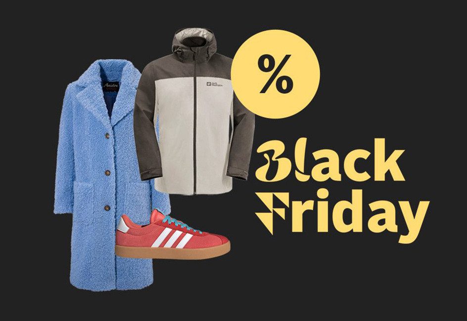 Winterjacke, blauer Mantel und rote Sneaker mit Black Friday Angebot.