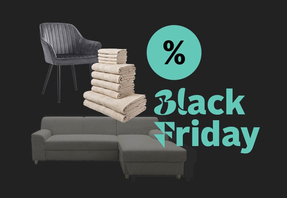 Sessel, Stapel Handtücher und Ecksofa mit Black Friday Angebot.