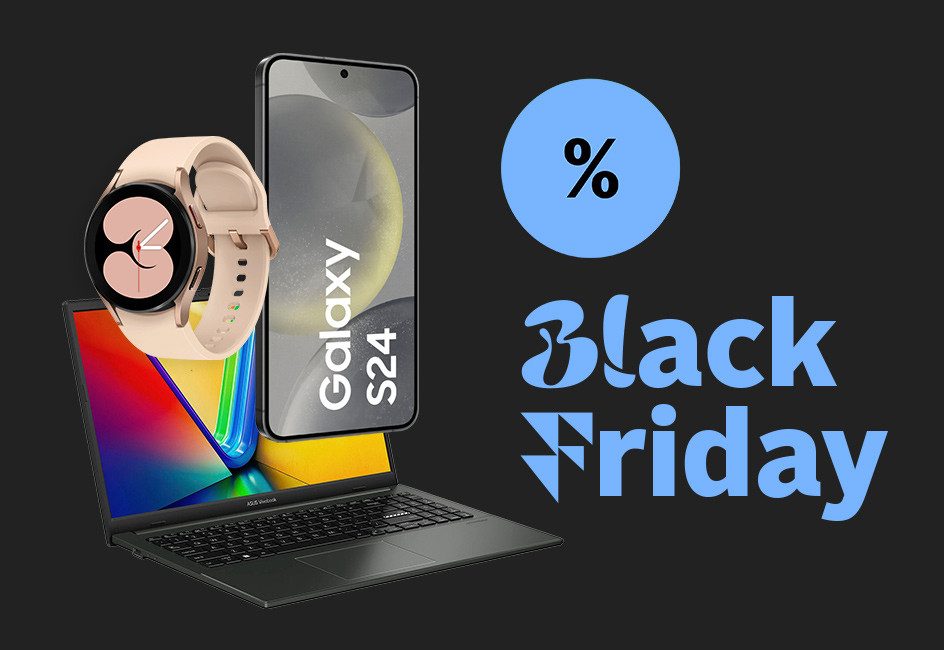 Laptop, Smartphone und Smartwatch mit blauem "Black Friday" Text und Prozentzeichen auf schwarzem Hintergrund.