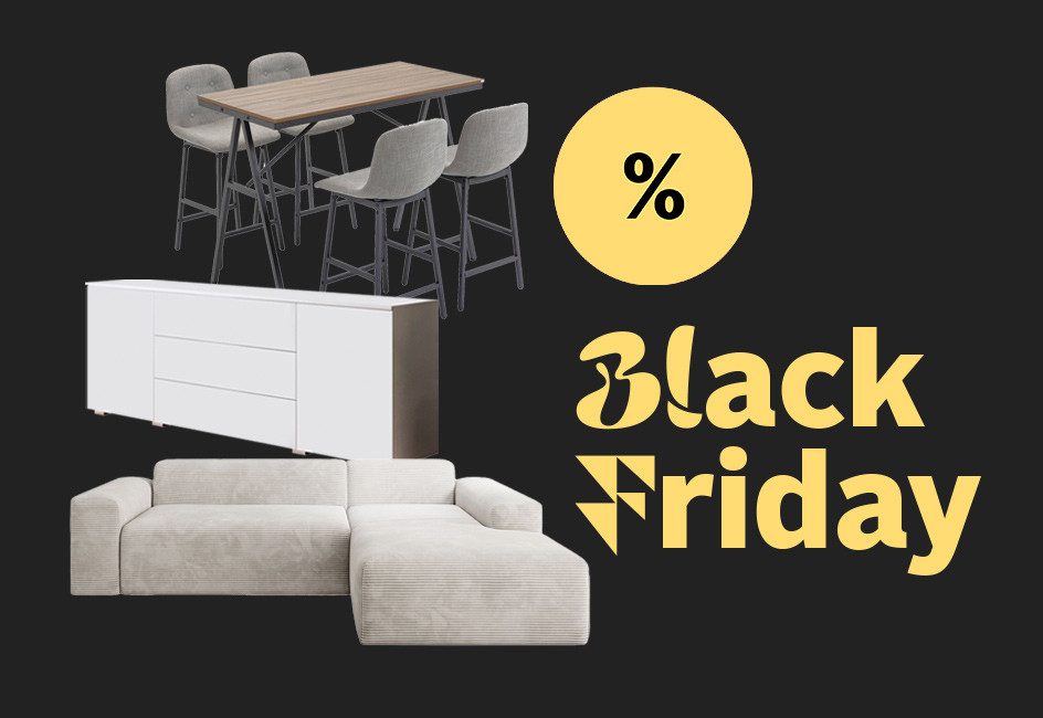 Essgruppe, Sideboard und Sofa mit gelbem "Black Friday" Text und Prozentzeichen auf schwarzem Hintergrund.