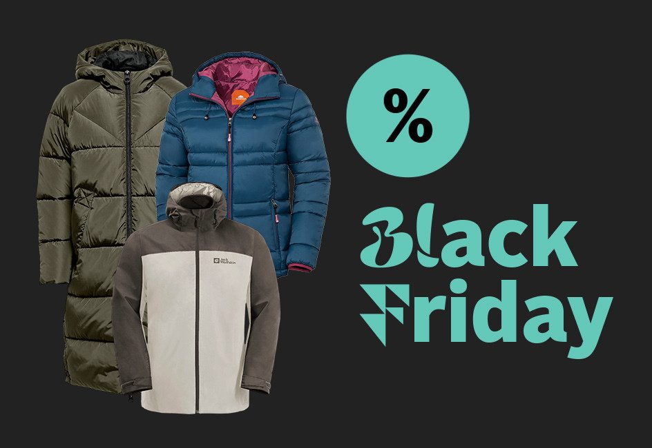 Drei Winterjacken mit türkisfarbenem "Black Friday" Text und Prozentzeichen auf schwarzem Hintergrund.