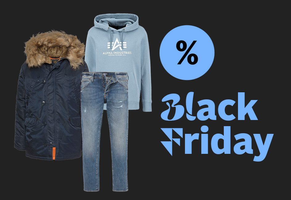 Jacke mit Fell, Jeans und Pulli mit Black Friday Schriftzug