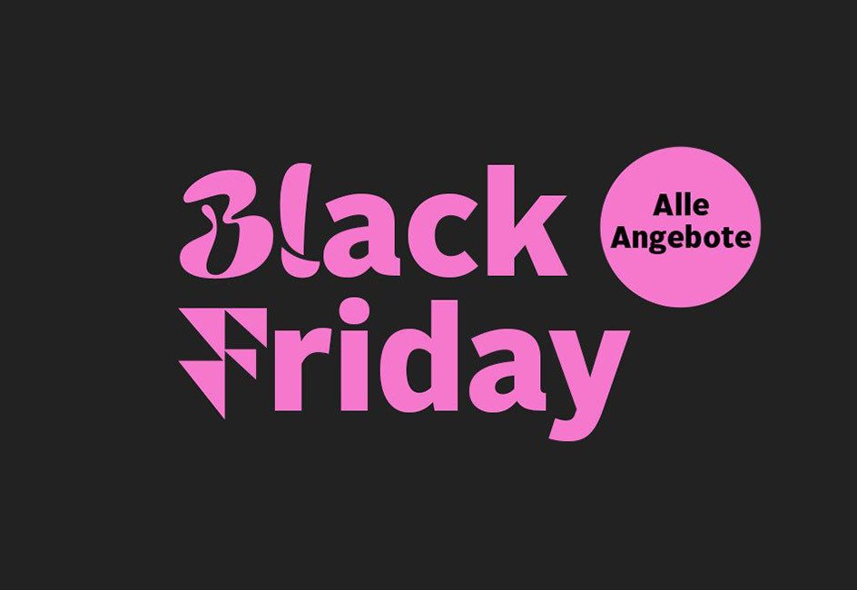 Pinkfarbener Text "Black Friday" auf schwarzem Hintergrund mit Kreis "Alle Angebote".