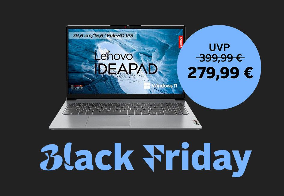 Laptop "Lenovo IDEAPAD", Preis von 279,99 € und der Text "Black Friday" und „Nur für kurze Zeit“