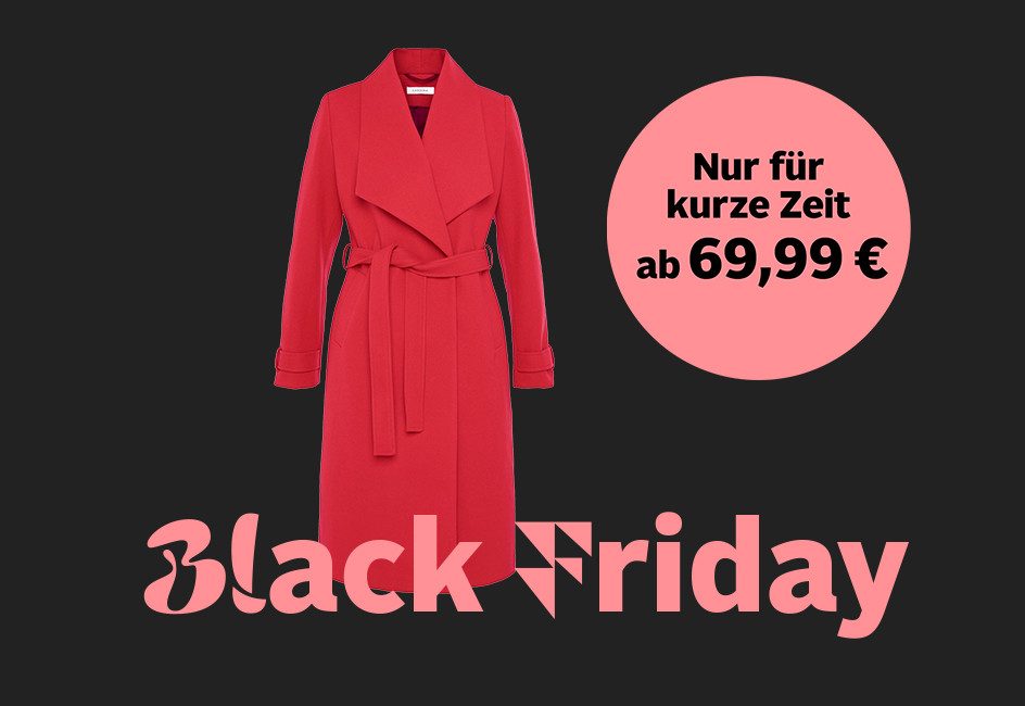 Roter Mantel mit Gürtel, Preis von ab 69,99 € und der Text „Black Friday“ und „Nur für kurze Zeit“.