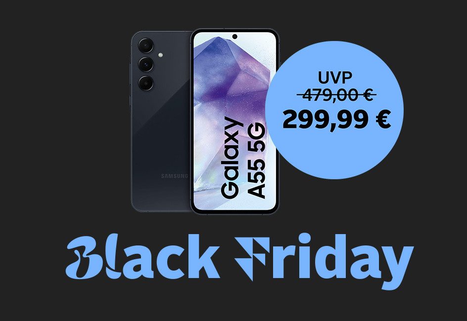 Smartphone "Galaxy A55 5G" mit Preis von 299,99 € und dem Hinweis "Nur für kurze Zeit", dazu der Text „Black Friday“ in blauer Schrift auf schwarzem Hintergrund.