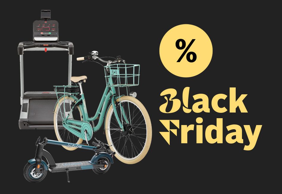 Ein Fahrrad, ein E-Scooter und ein Laufband, mit dem Text "Black Friday" und einem Prozentzeichen.