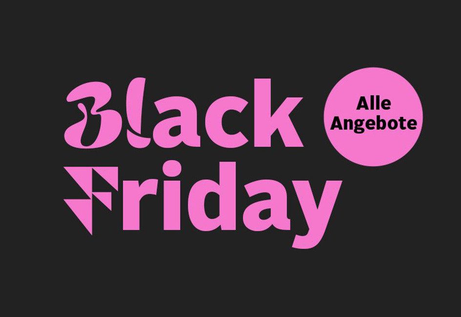 Schwarzer Hintergrund mit pinkem Text "Black Friday" und einem Kreis mit "Alle Angebote".