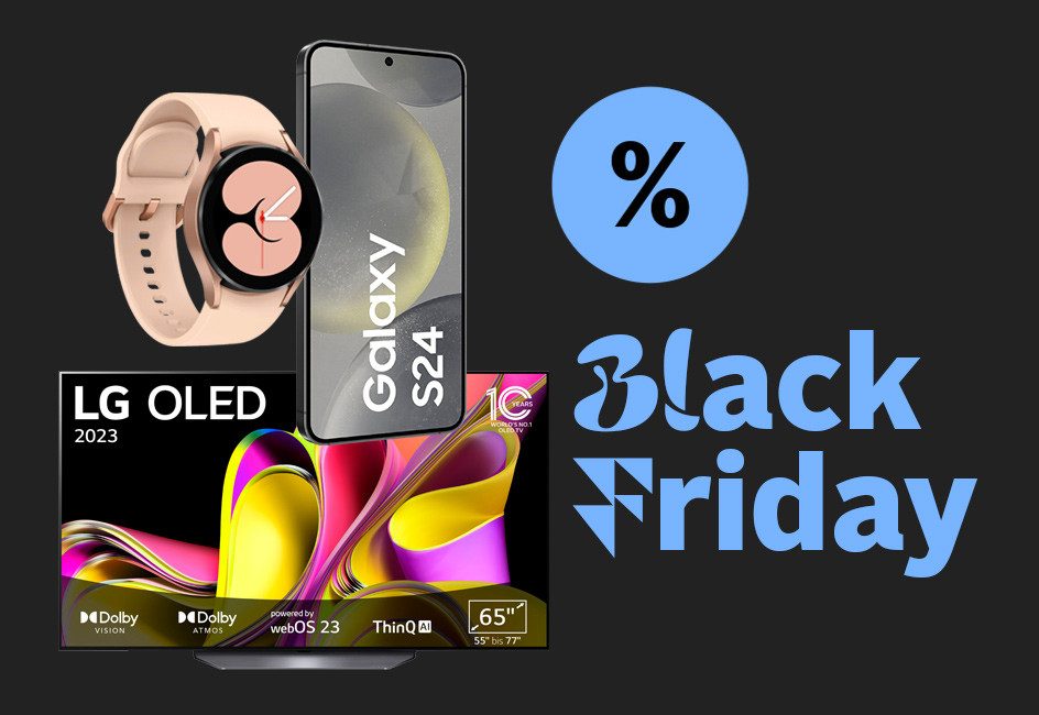 Black Friday Schriftzug mit TV Screen, Handy und Uhr