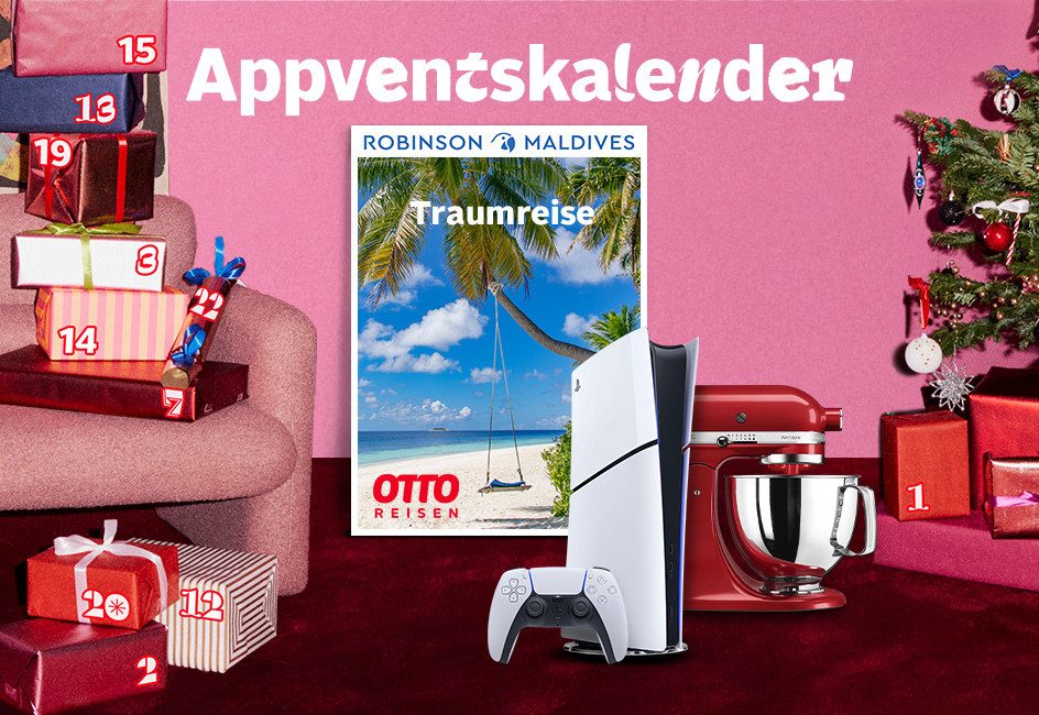 Text: „Appventskalender“ umgeben von Geschenken, darunter eine PlayStation 5, eine Küchenmaschine und als Hauptgewinn eine Reise von Robinson Maldives.