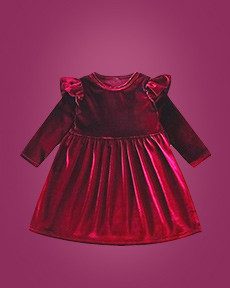 Rotes Samtkleid für Kinder mit langen Ärmeln und Rüschendetails.